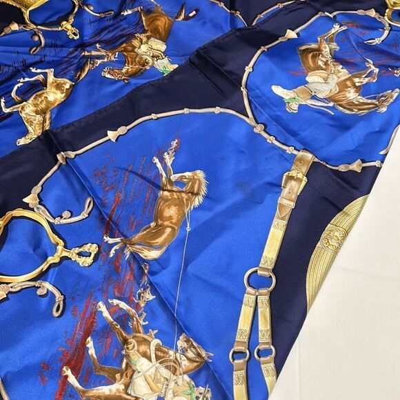 Vintage Hermes Pampa Scarf by Jean De Fougerolle Navy/Royal Blue Gold - Picture 9 of 10